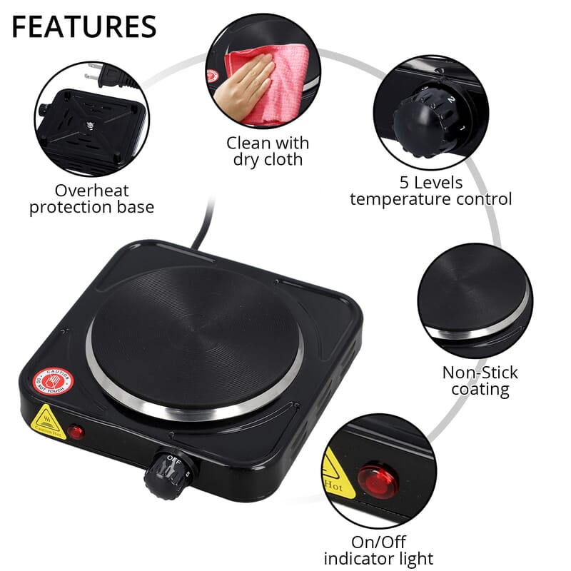 Homesmart Electric Single Burner 1000W Hot Plate with 5 Level Temperature Control and Overheat Protection- Black