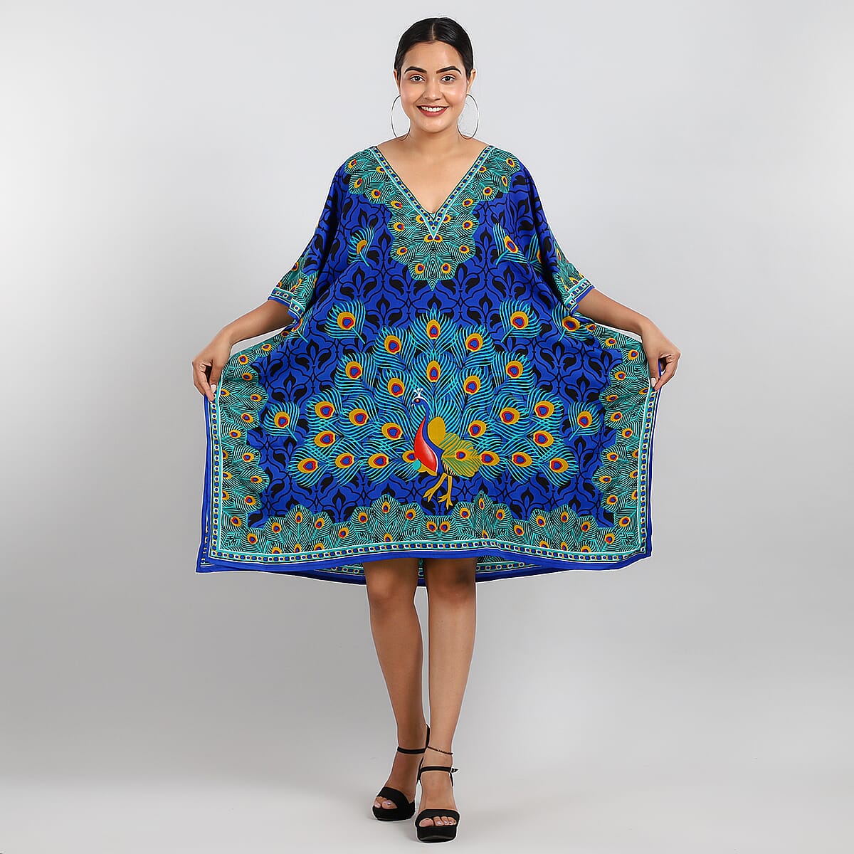 TAMSY Blue Peacock Screen Printed Mid Short Kaftan with Pockets - One Size Fits Most image number 1