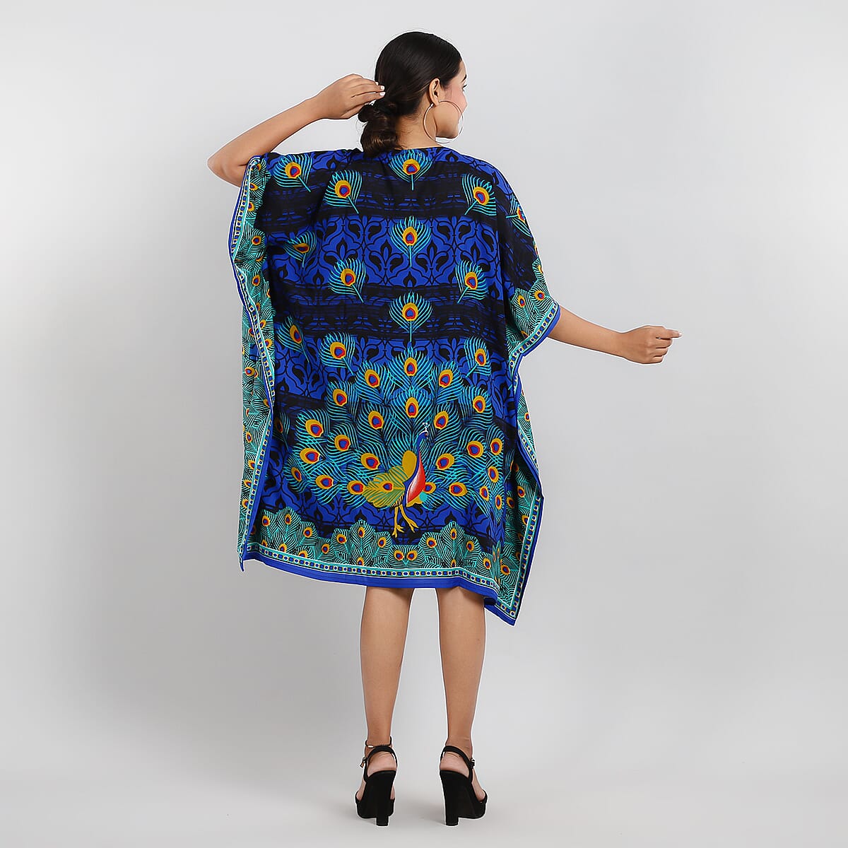 TAMSY Blue Peacock Screen Printed Mid Short Kaftan with Pockets - One Size Fits Most image number 2