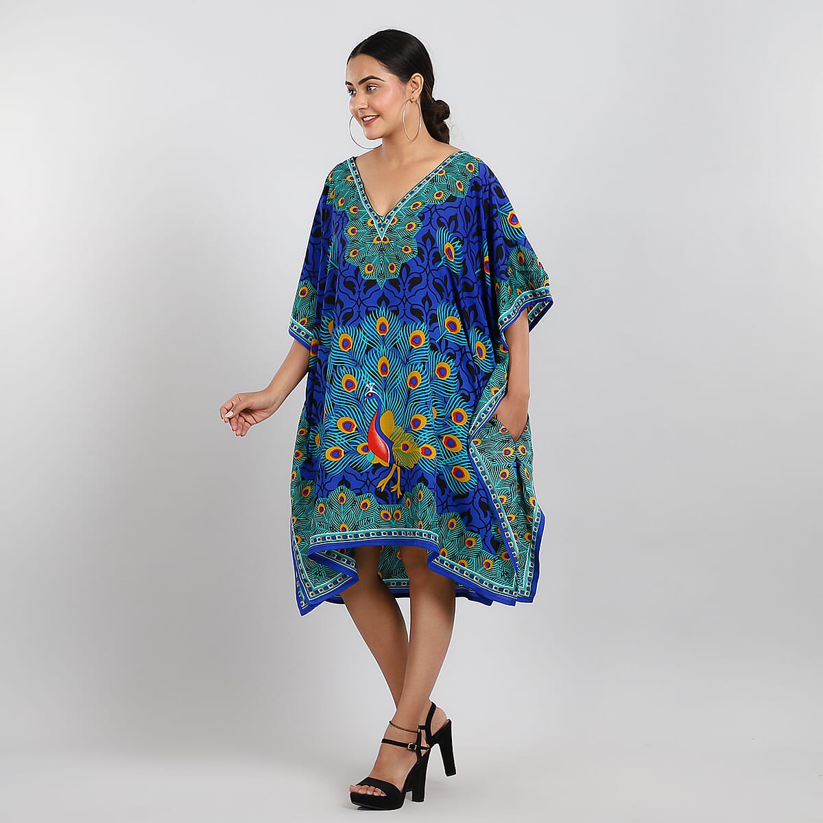 TAMSY Blue Peacock Screen Printed Mid Short Kaftan with Pockets - One Size Fits Most image number 3