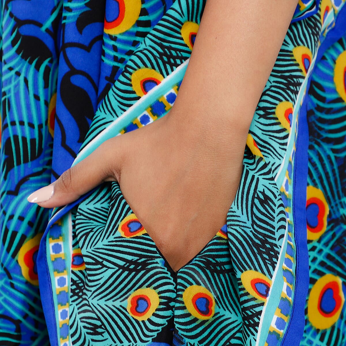 TAMSY Blue Peacock Screen Printed Mid Short Kaftan with Pockets - One Size Fits Most image number 4