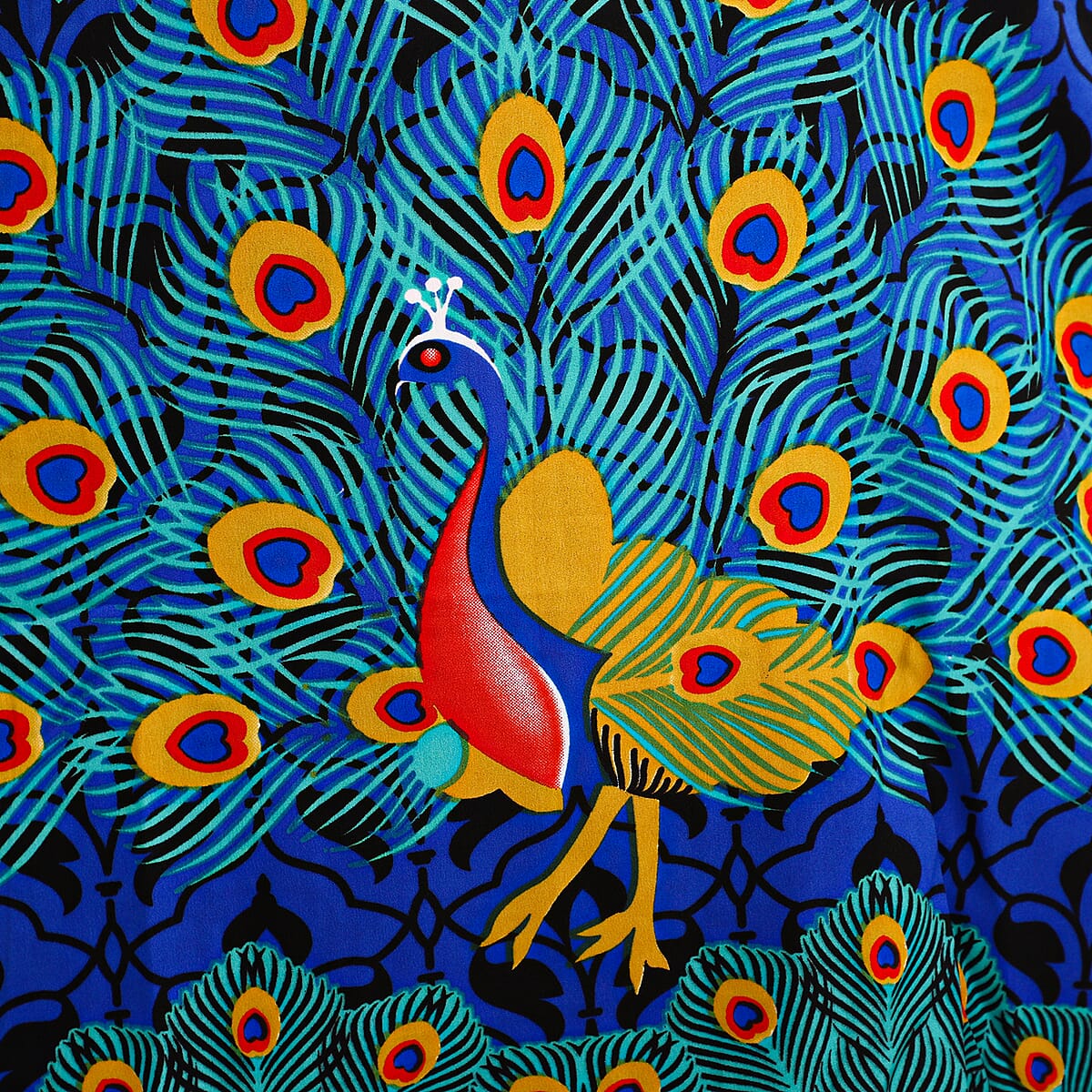 TAMSY Blue Peacock Screen Printed Mid Short Kaftan with Pockets - One Size Fits Most image number 5