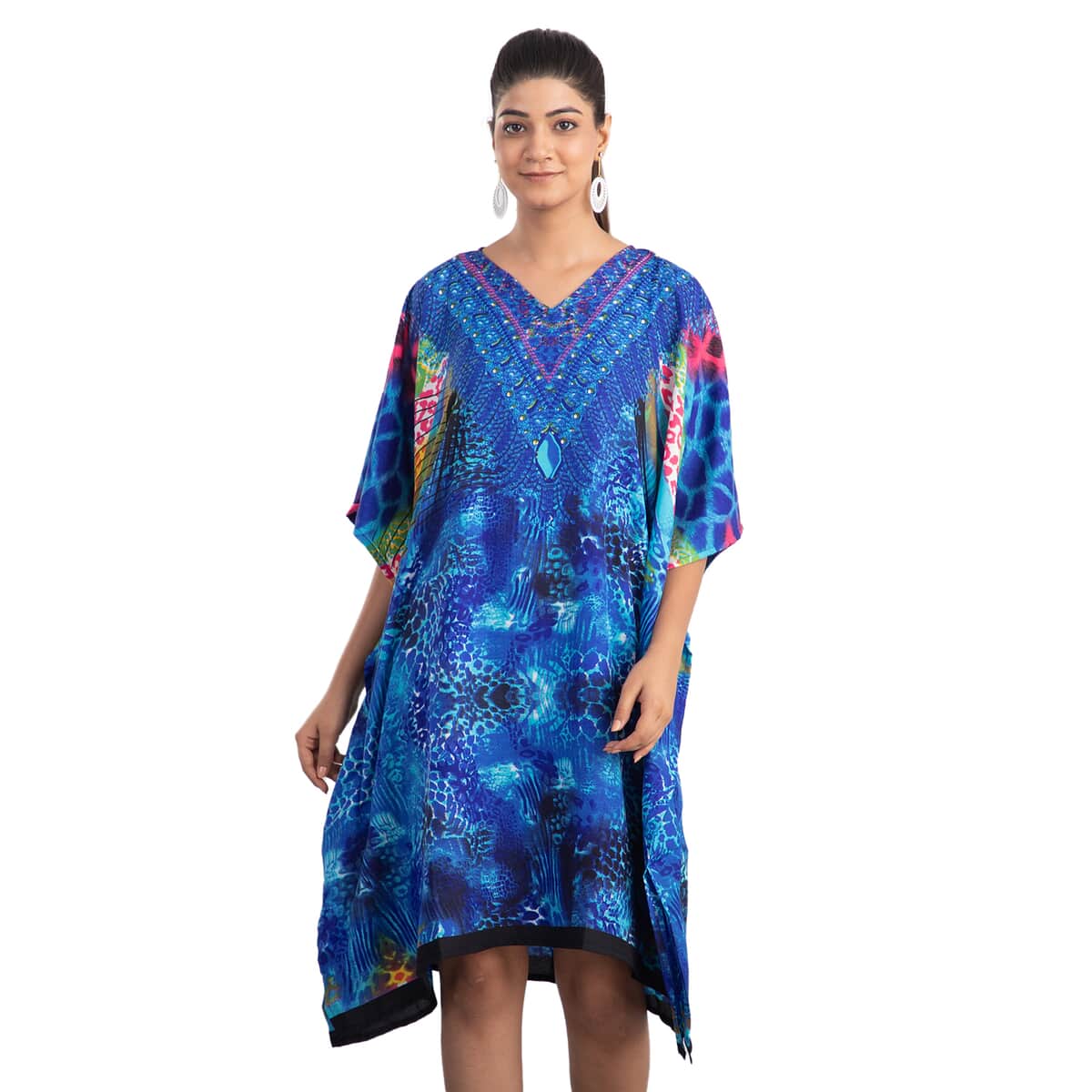 JOVIE Blue Animal Fantasy Screen Printed Mid Short Kaftan with Pockets - One Size Fits Most (36"x41") image number 0