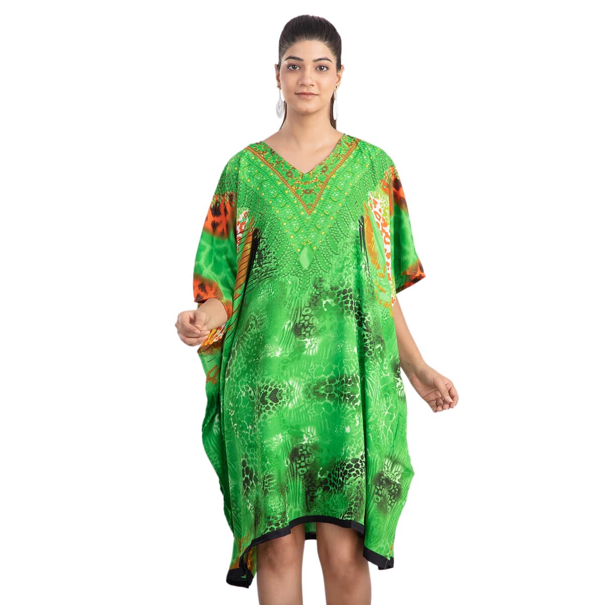 JOVIE Green Animal Fantasy Screen Printed Mid Short Kaftan with Pockets - One Size Fits Most image number 0