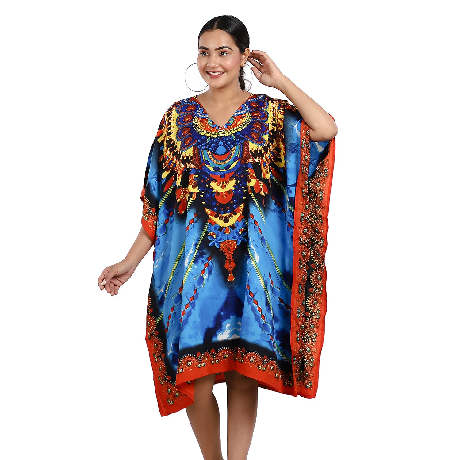 JOVIE Blue Fantasy Screen Printed Mid Short Kaftan with Pockets - (One Size Fits Most)