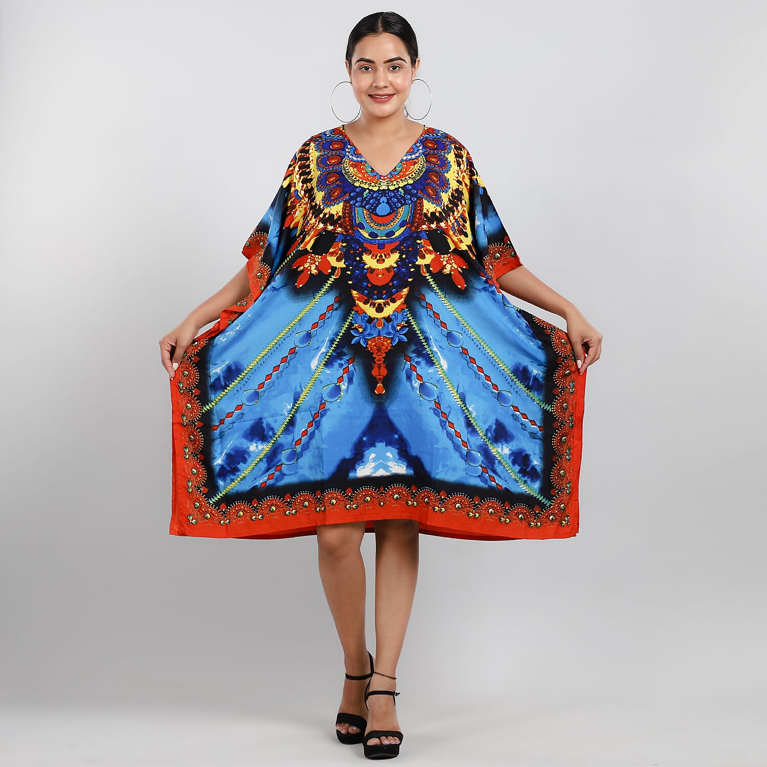 JOVIE Blue Fantasy Screen Printed Mid Short Kaftan with Pockets - (One Size Fits Most)
