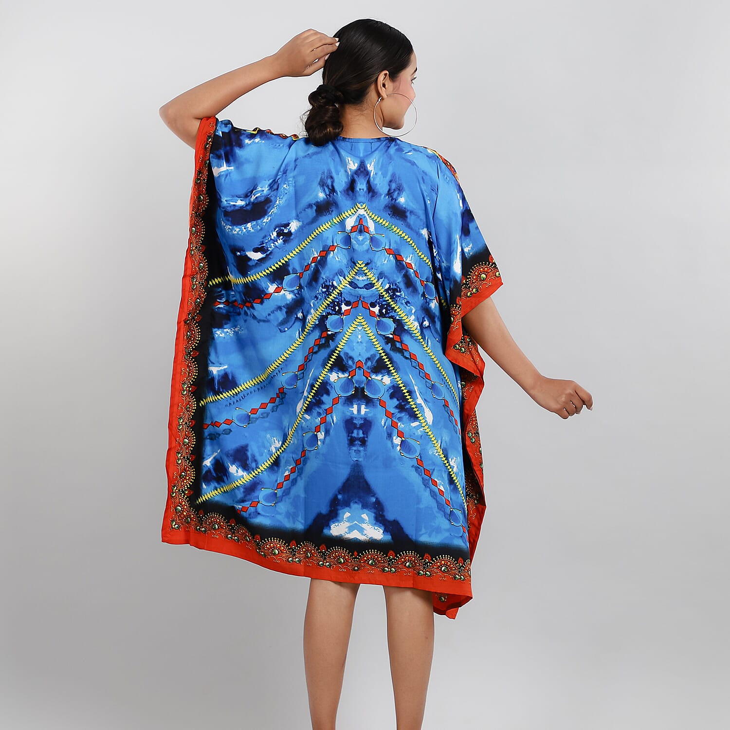 JOVIE Blue Fantasy Screen Printed Mid Short Kaftan with Pockets - (One Size Fits Most)