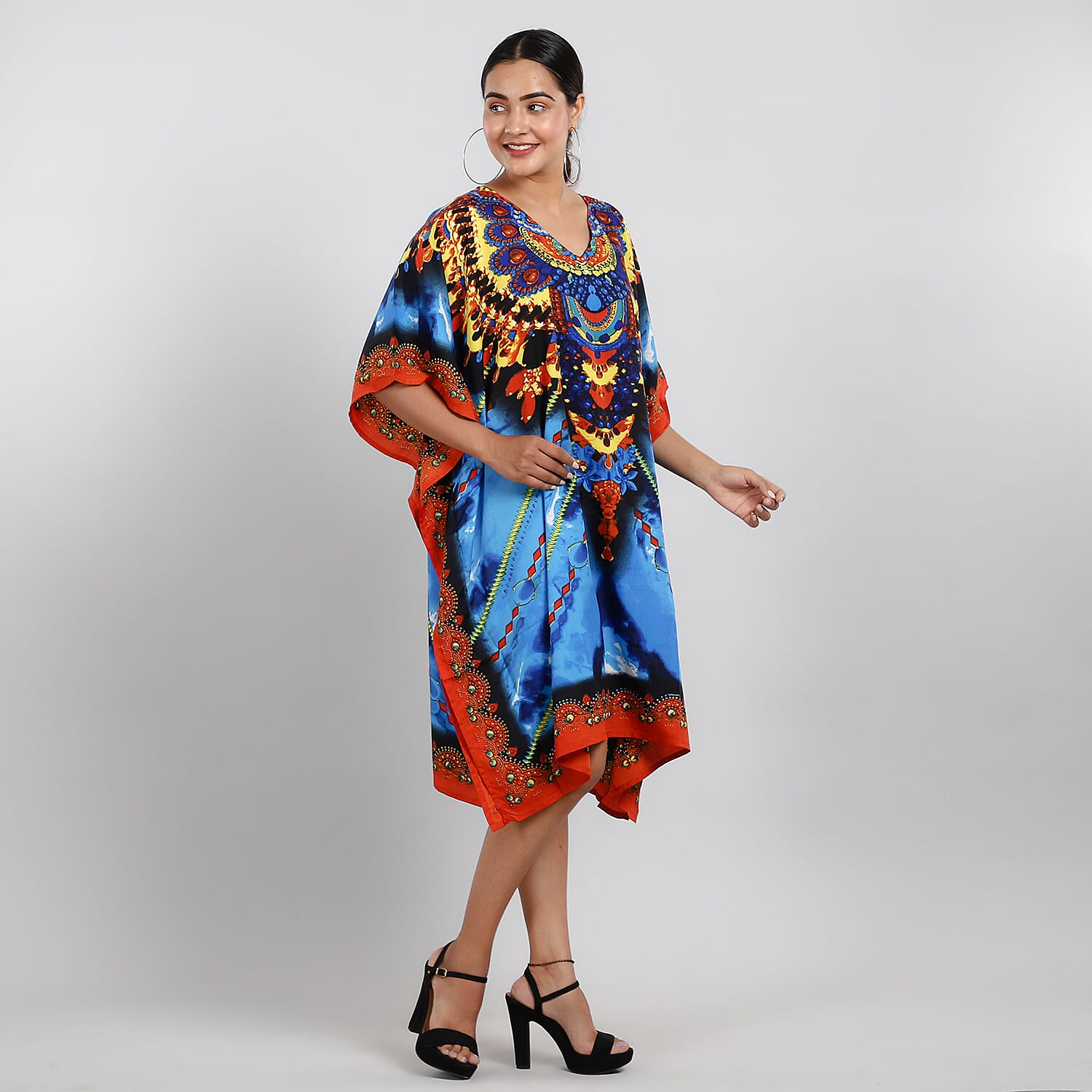JOVIE Blue Fantasy Screen Printed Mid Short Kaftan with Pockets - (One Size Fits Most)