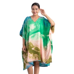 JOVIE Marble Green Screen Printed Mid Short Kaftan with Pockets - One Size Fits Most