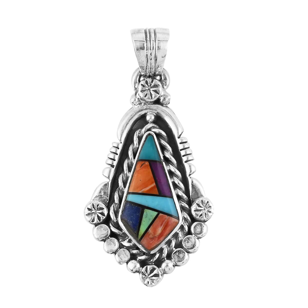 SANTA FE Style 1.35 ctw Red Spiny Oyster Shell and Multi Gemstone Framed Pendant in Sterling Silver image number 0