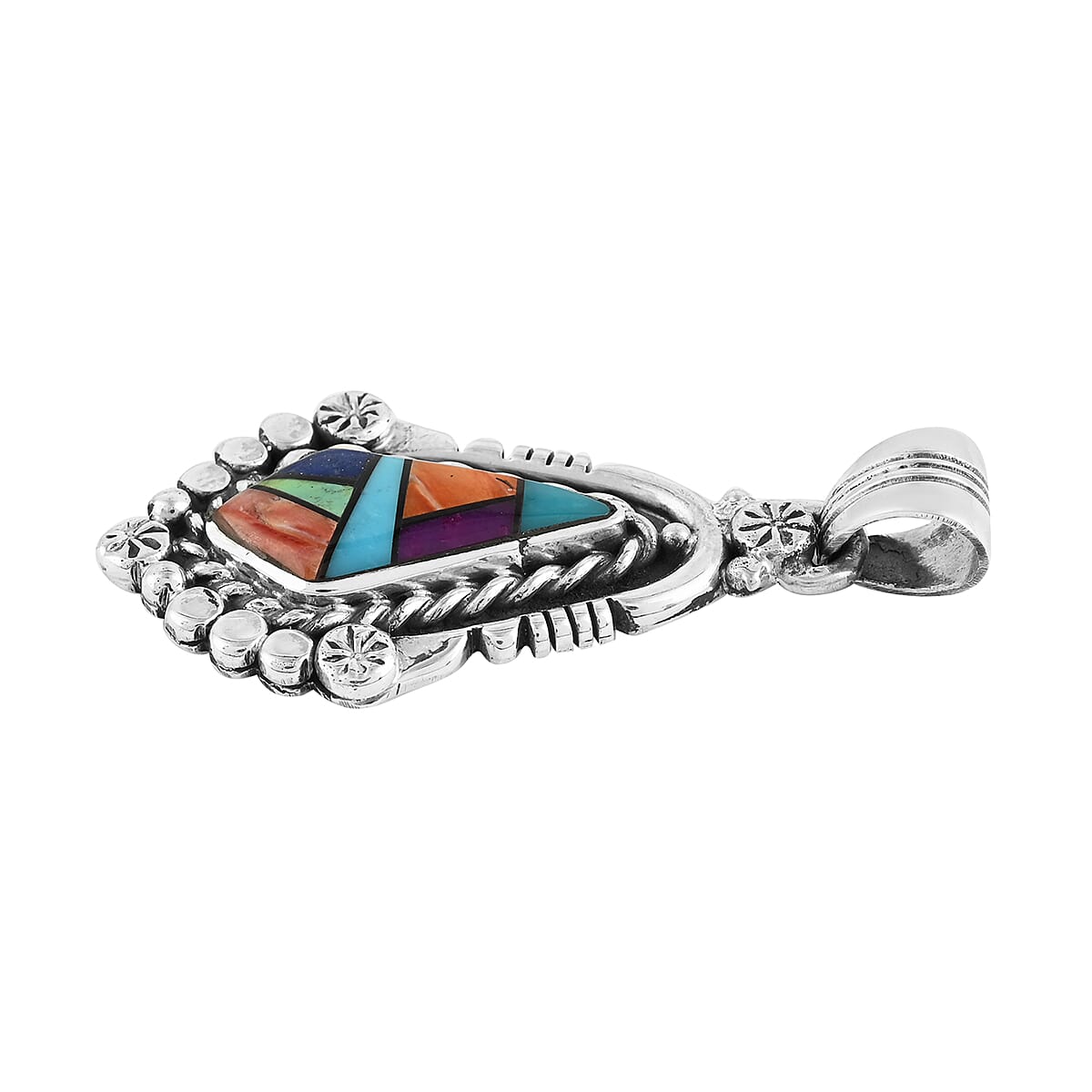 Santa Fe Style 1.35 ctw Red Spiny Oyster Shell and Multi Gemstone Framed Pendant in Sterling Silver