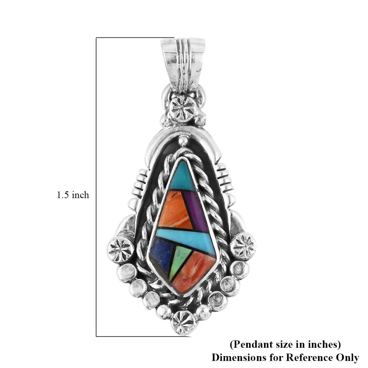 SANTA FE Style 1.35 ctw Red Spiny Oyster Shell and Multi Gemstone Framed Pendant in Sterling Silver image number 2