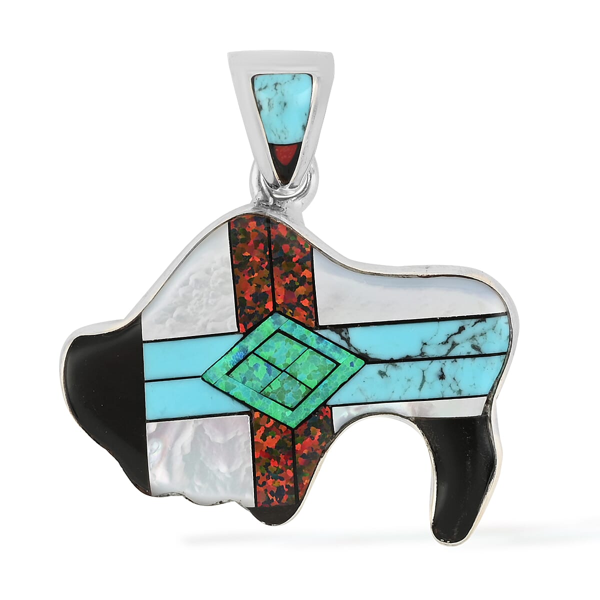 Santa Fe Style Multi Opal and Multi Gemstone Geometric Buffalo Pendant in Sterling Silver (Made in USA) 0.90 ctw