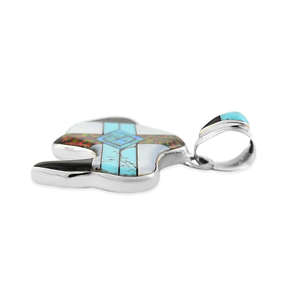 Santa Fe Style Multi Opal and Multi Gemstone Geometric Buffalo Pendant in Sterling Silver (Made in USA) 0.90 ctw