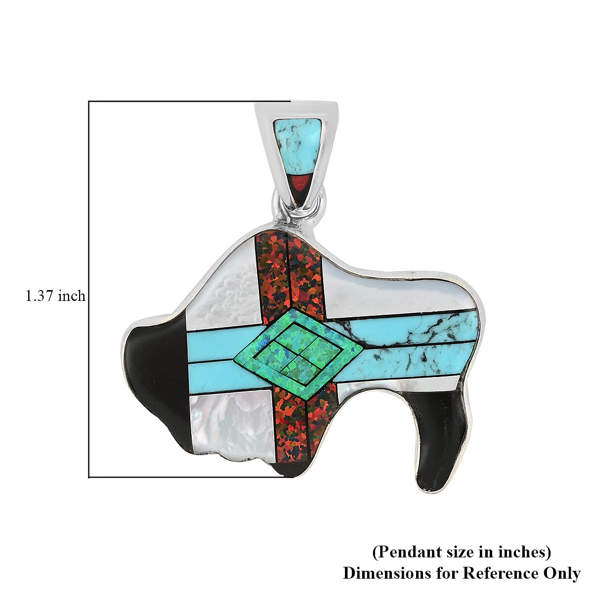 Santa Fe Style Multi Opal and Multi Gemstone Geometric Buffalo Pendant in Sterling Silver (Made in USA) 0.90 ctw