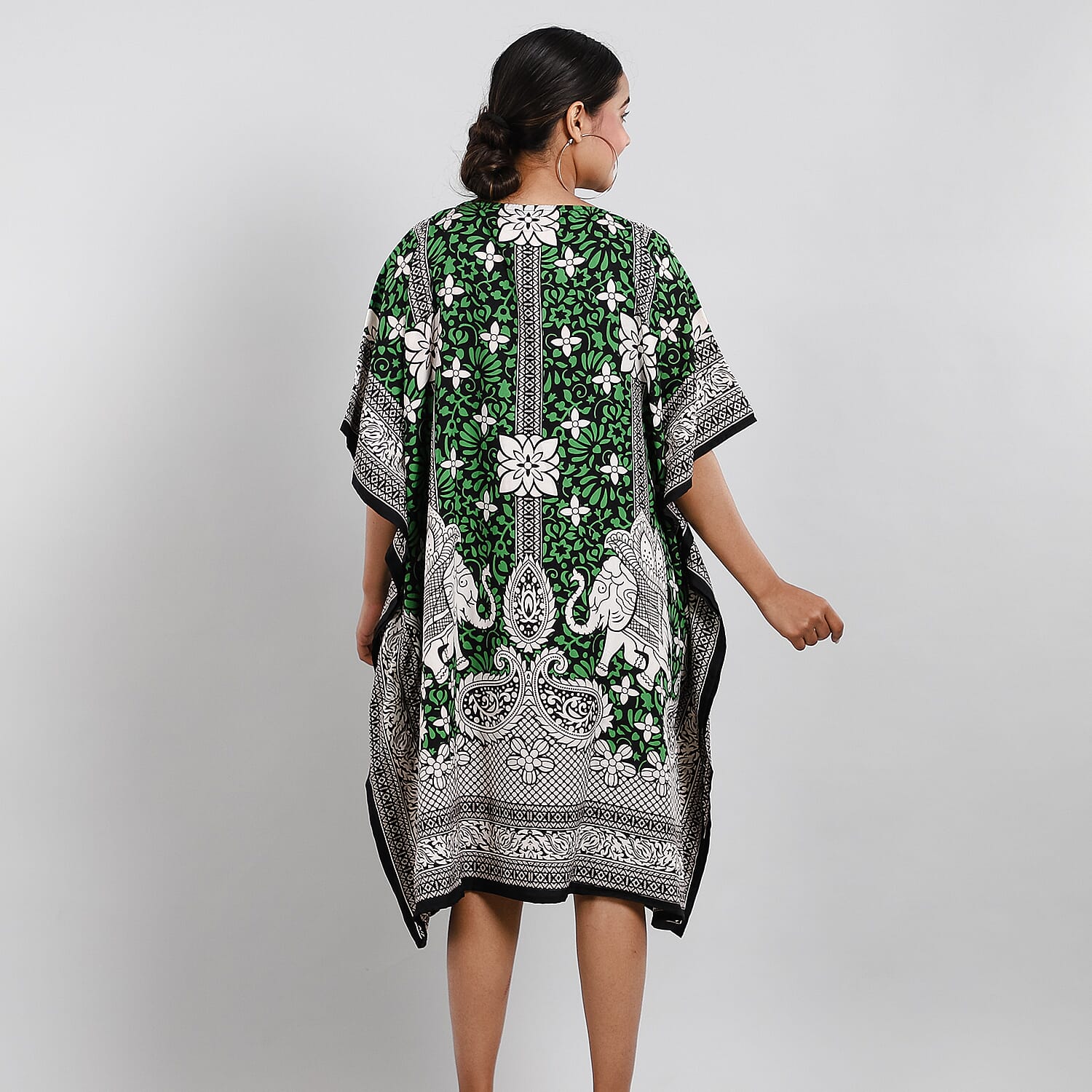 JOVIE Green Paisley Elephant Screen Printed Short Kaftan with Pockets - One Size Fits Most