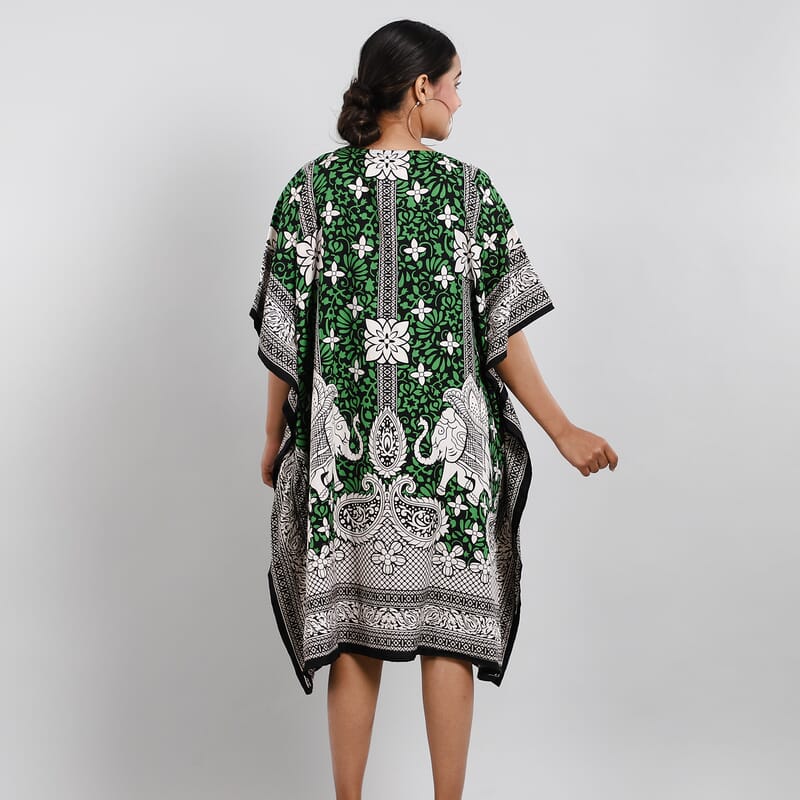 JOVIE Green Paisley Elephant Screen Printed Short Kaftan with Pockets - One Size Fits Most