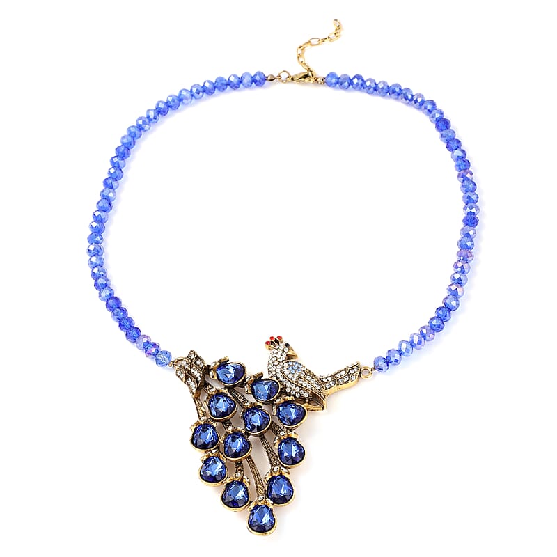 Simulated Blue Magic Color Topaz and Blue Austrian Crystal Peacock Necklace 21-23 Inches in Goldtone