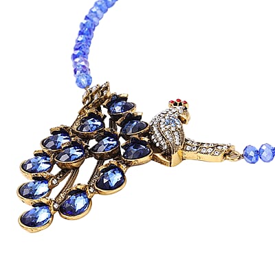 Simulated Blue Magic Color Topaz and Blue Austrian Crystal Peacock Necklace 21-23 Inches in Goldtone