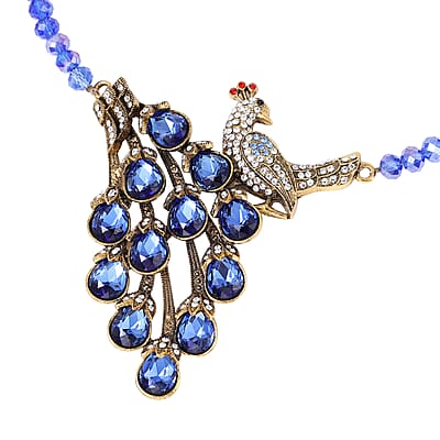 Simulated Blue Magic Color Topaz and Blue Austrian Crystal Peacock Necklace 21-23 Inches in Goldtone