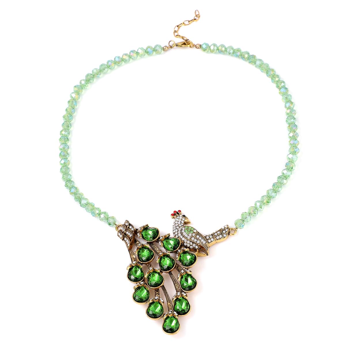 Simulated Green Emerald and Multi Color Crystal Peacock Necklace 21-23 Inches in Goldtone image number 0