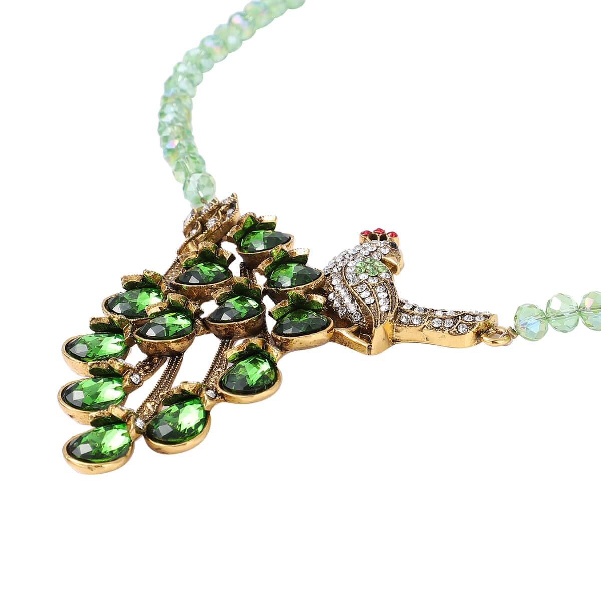 Simulated Green Emerald and Multi Color Crystal Peacock Necklace 21-23 Inches in Goldtone image number 3