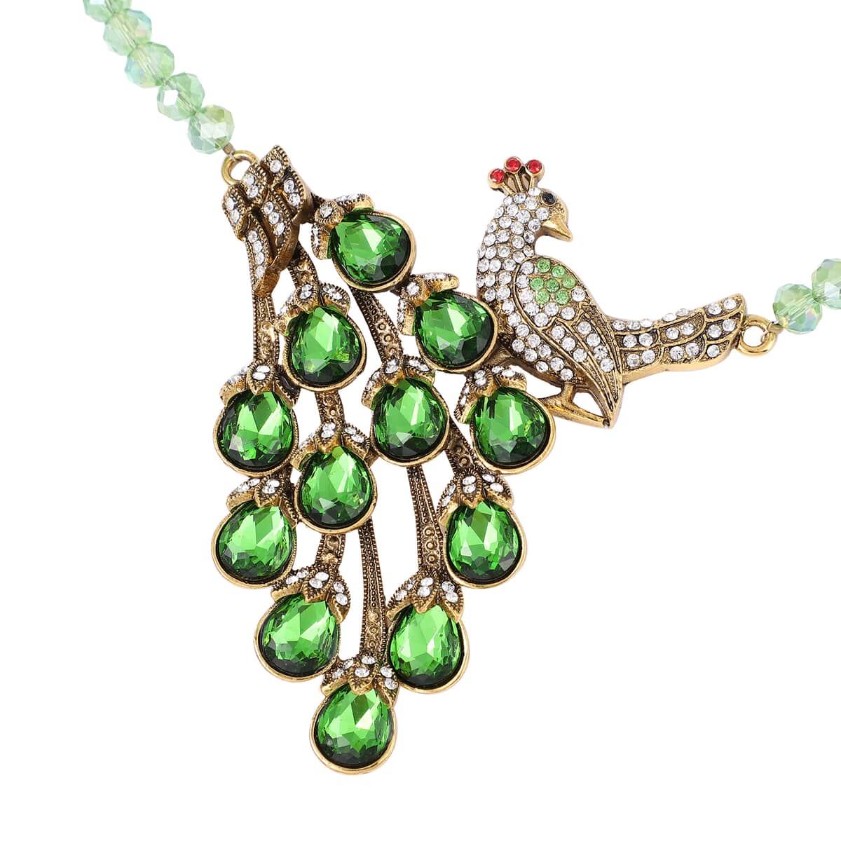 Simulated Green Emerald and Multi Color Crystal Peacock Necklace 21-23 Inches in Goldtone image number 4