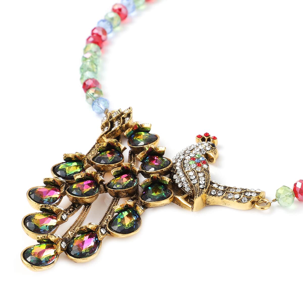 Simulated Multi Color Topaz and Multi Color Peacock Crystal Necklace 21-23 Inches in Goldtone image number 3