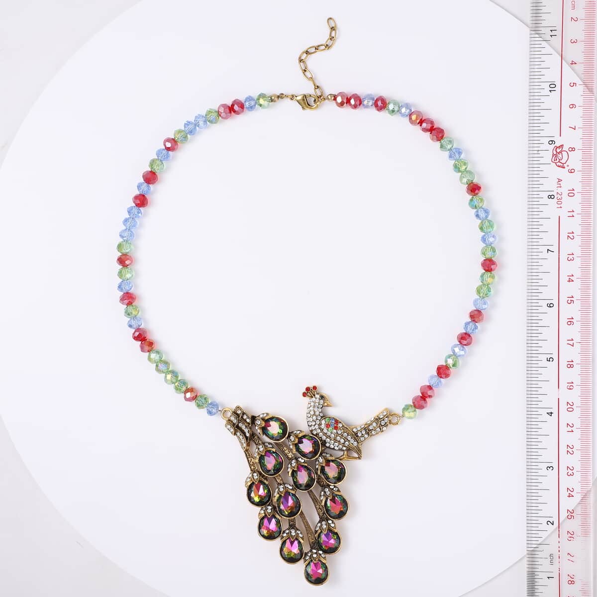Simulated Multi Color Topaz and Multi Color Peacock Crystal Necklace 21-23 Inches in Goldtone image number 6