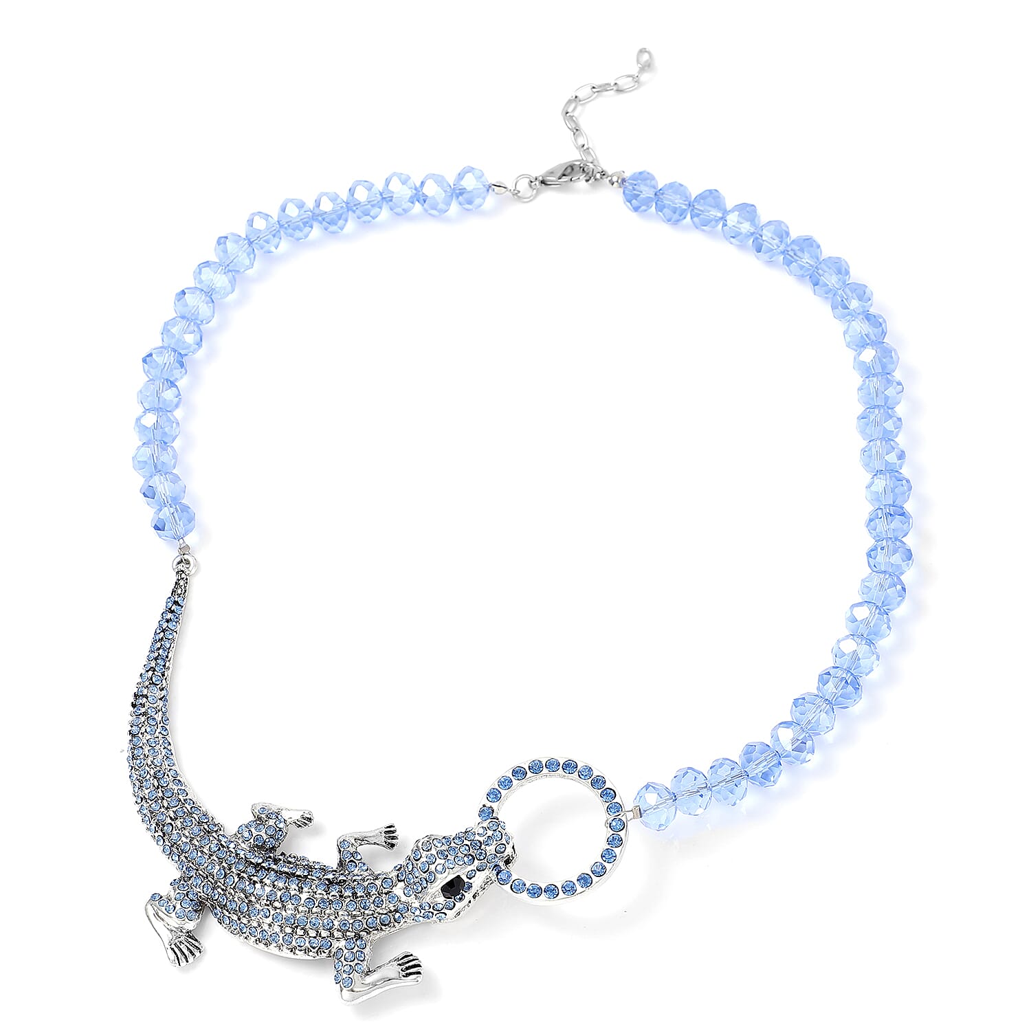 Simulated Blue Sapphire, Black and Blue Austrian Crystal Crocodile Necklace 21 Inches in Silvertone