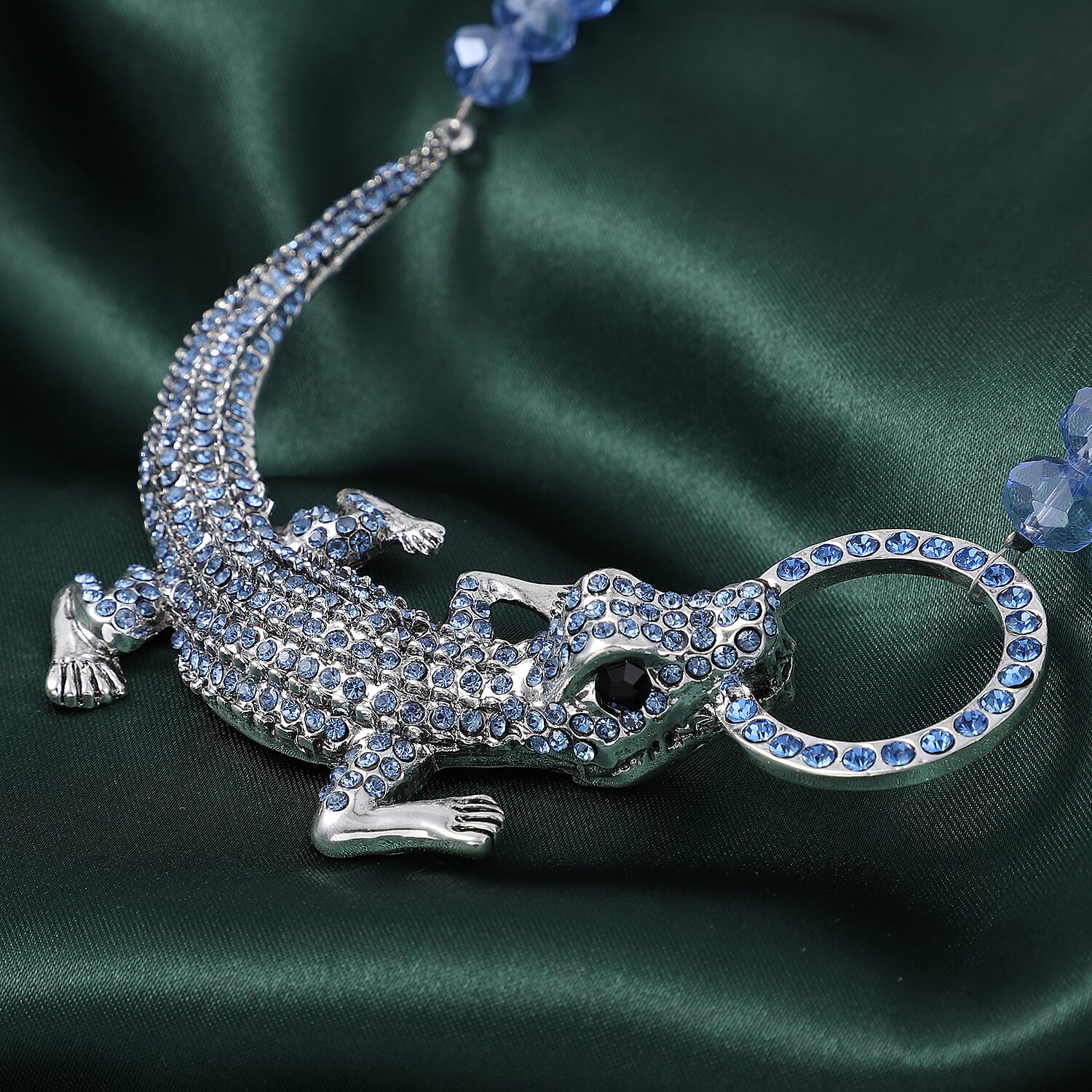 Simulated Blue Sapphire, Black and Blue Austrian Crystal Crocodile Necklace 21 Inches in Silvertone