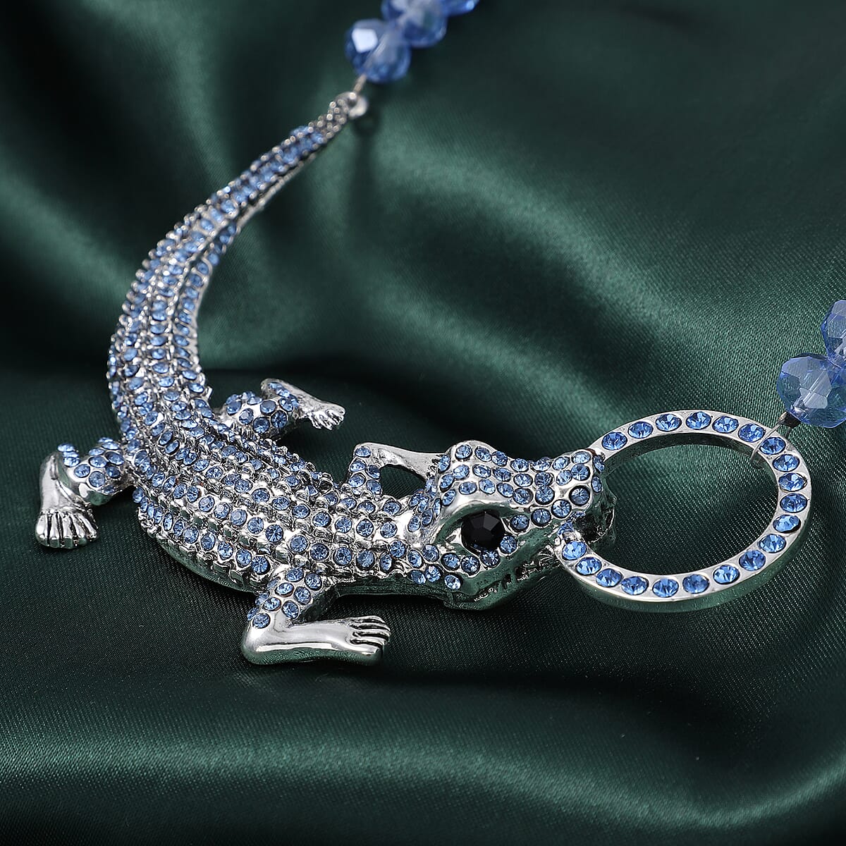 Simulated Blue Sapphire, Black and Blue Austrian Crystal Crocodile Necklace 21 Inches in Silvertone image number 1