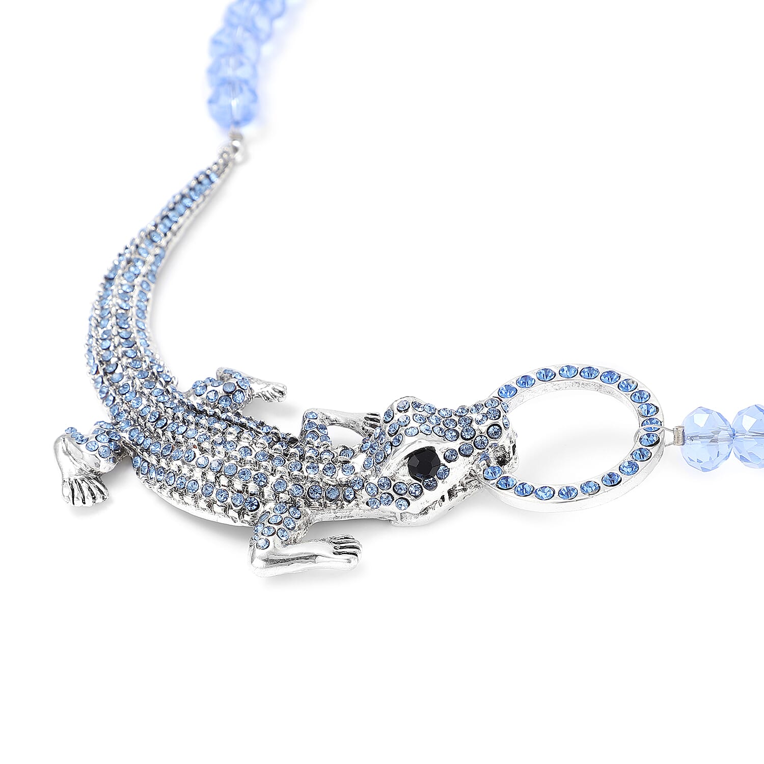 Simulated Blue Sapphire, Black and Blue Austrian Crystal Crocodile Necklace 21 Inches in Silvertone