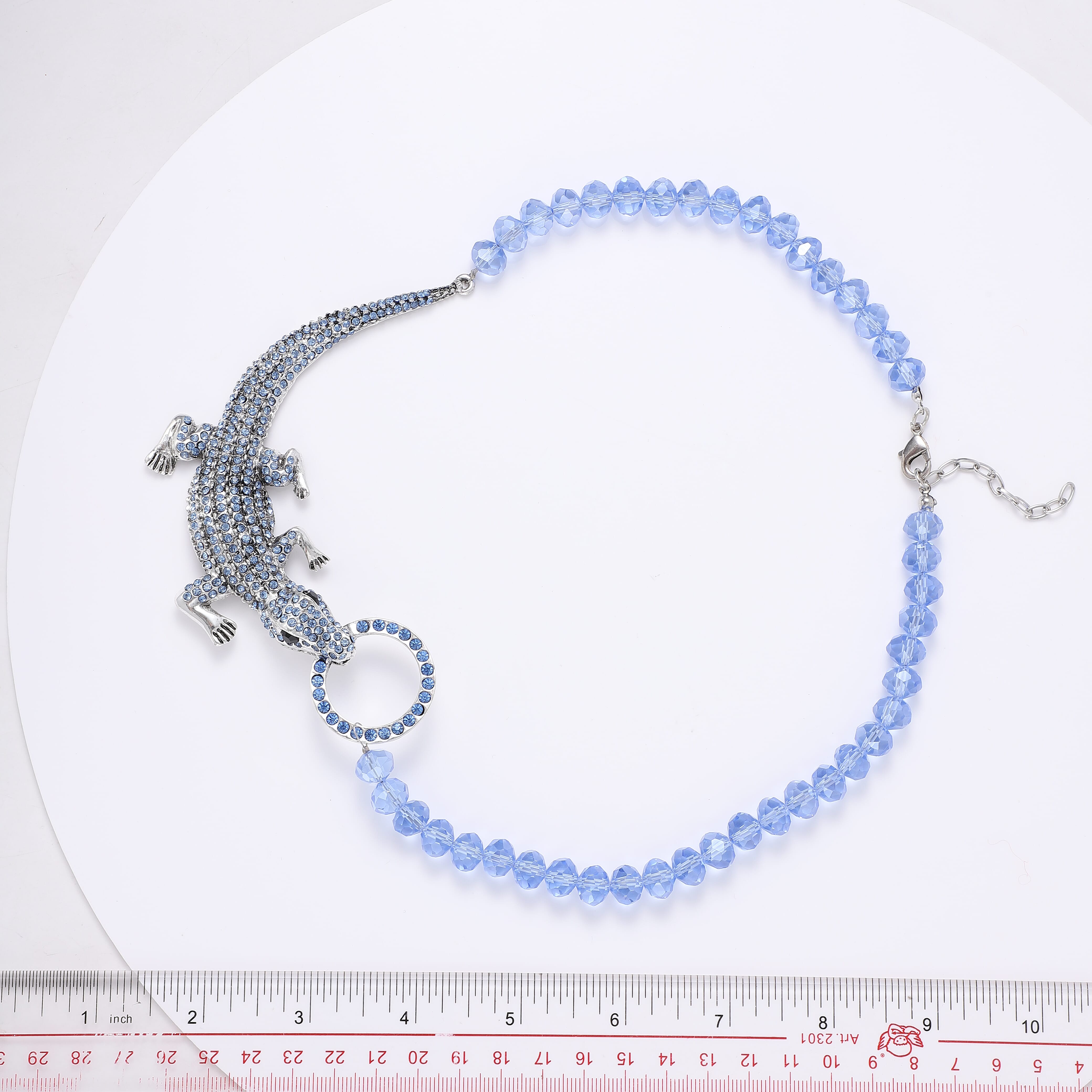 Simulated Blue Sapphire, Black and Blue Austrian Crystal Crocodile Necklace 21 Inches in Silvertone