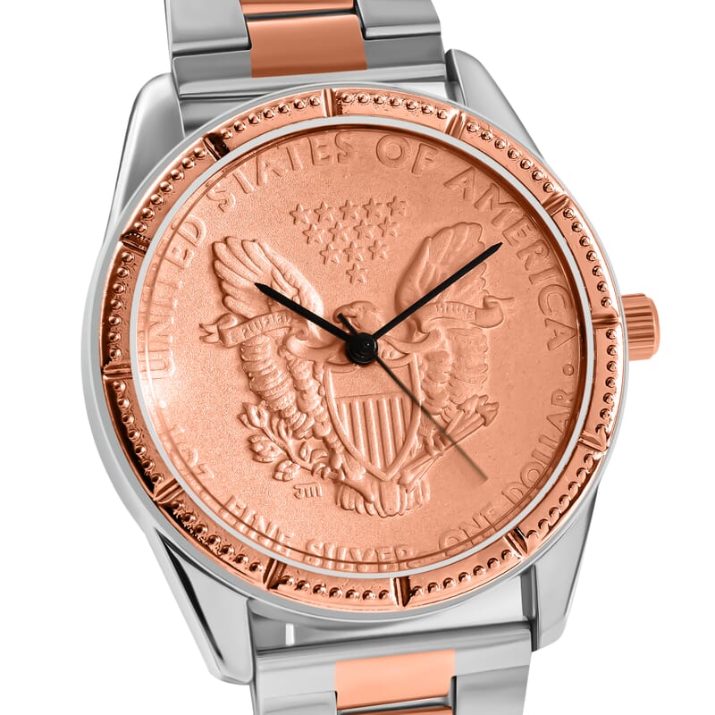 Genoa Miyota Japanese Movement Replica Coin Eagle Pattern Watch with ION Plated RG and Stainless Steel Strap (40mm), Bracelet Watch for Women, Quartz Watch, Japan Movt Watch