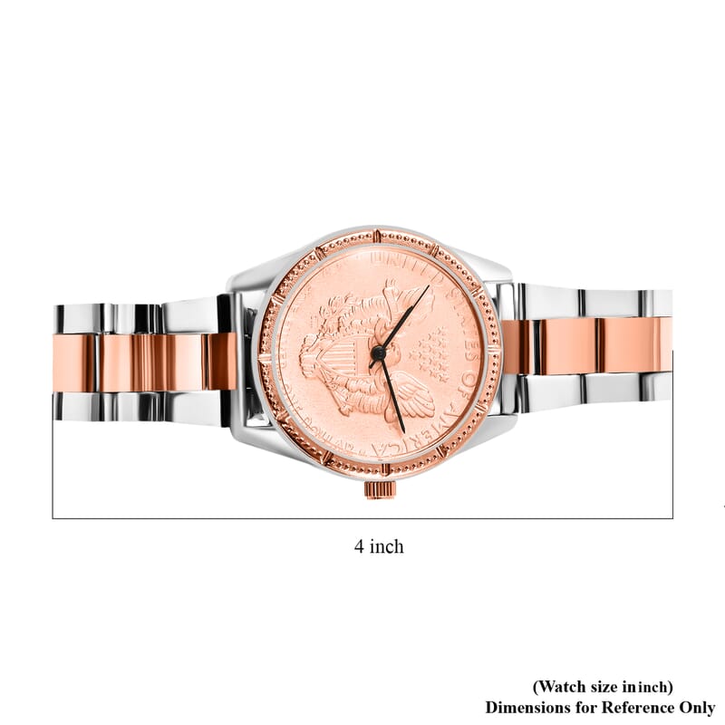 Genoa Miyota Japanese Movement Replica Coin Eagle Pattern Watch with ION Plated RG and Stainless Steel Strap (40mm), Bracelet Watch for Women, Quartz Watch, Japan Movt Watch