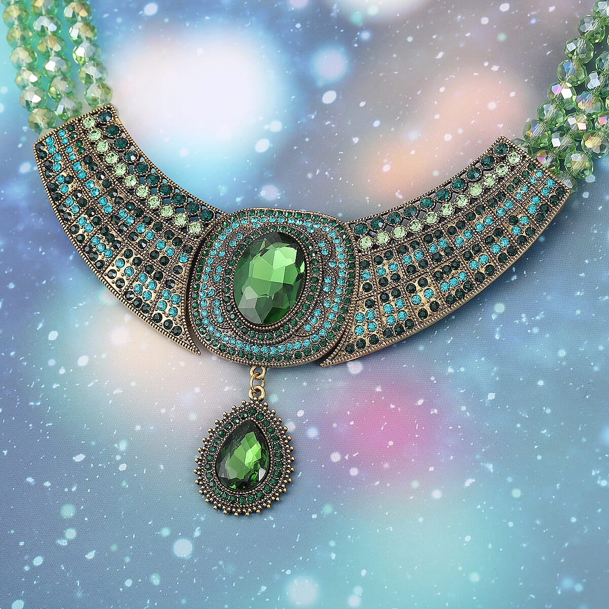 Simulated Green Magic Emerald Multi Strand Necklace in Goldtone| Multi Color Crystal Necklace For Women|Crystal Jewelry For Women (20.5 Inches) image number 1