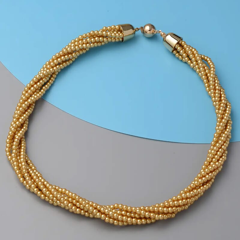Simulated Golden Pearl Multi Row Twisted Necklace in Goldtone 23 Inches