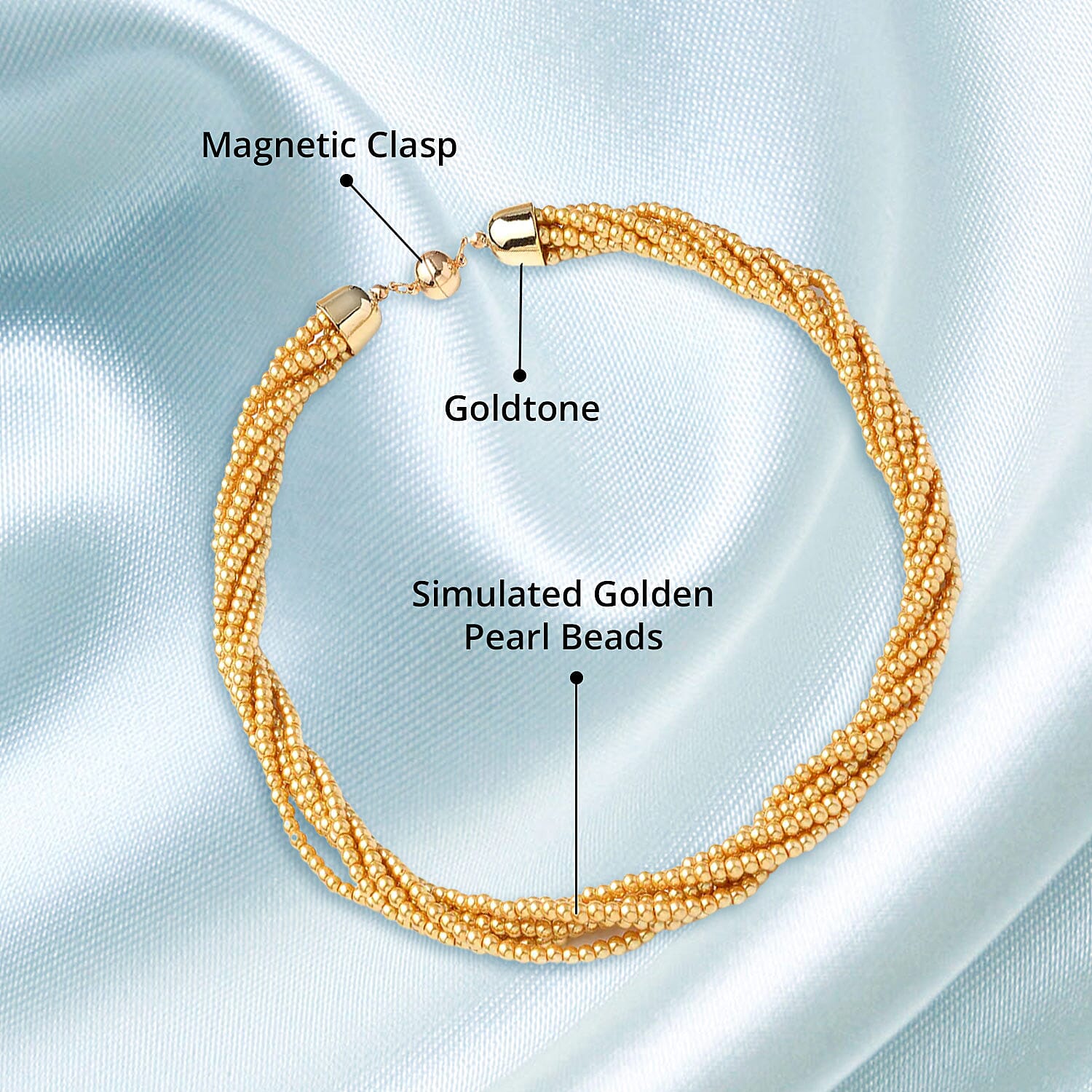 Simulated Golden Pearl Multi Row Twisted Necklace in Goldtone 23 Inches