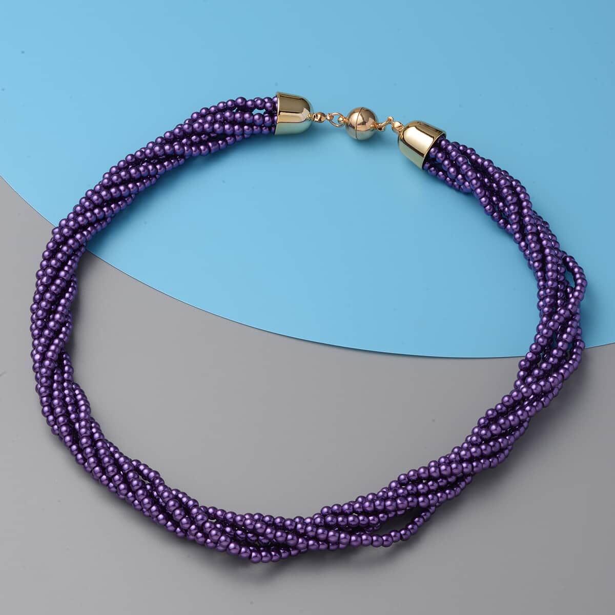 Simulated Purple Pearl Multi Row Twisted Necklace 23 Inches in Goldtone image number 1