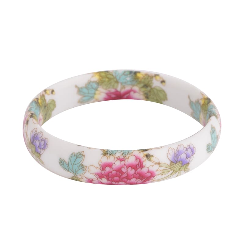 Purple Ceramic Bangle Bracelet, Peony Pattern Bangles, Flower Bangles, Floral Jewelry For Women (8.50 In)