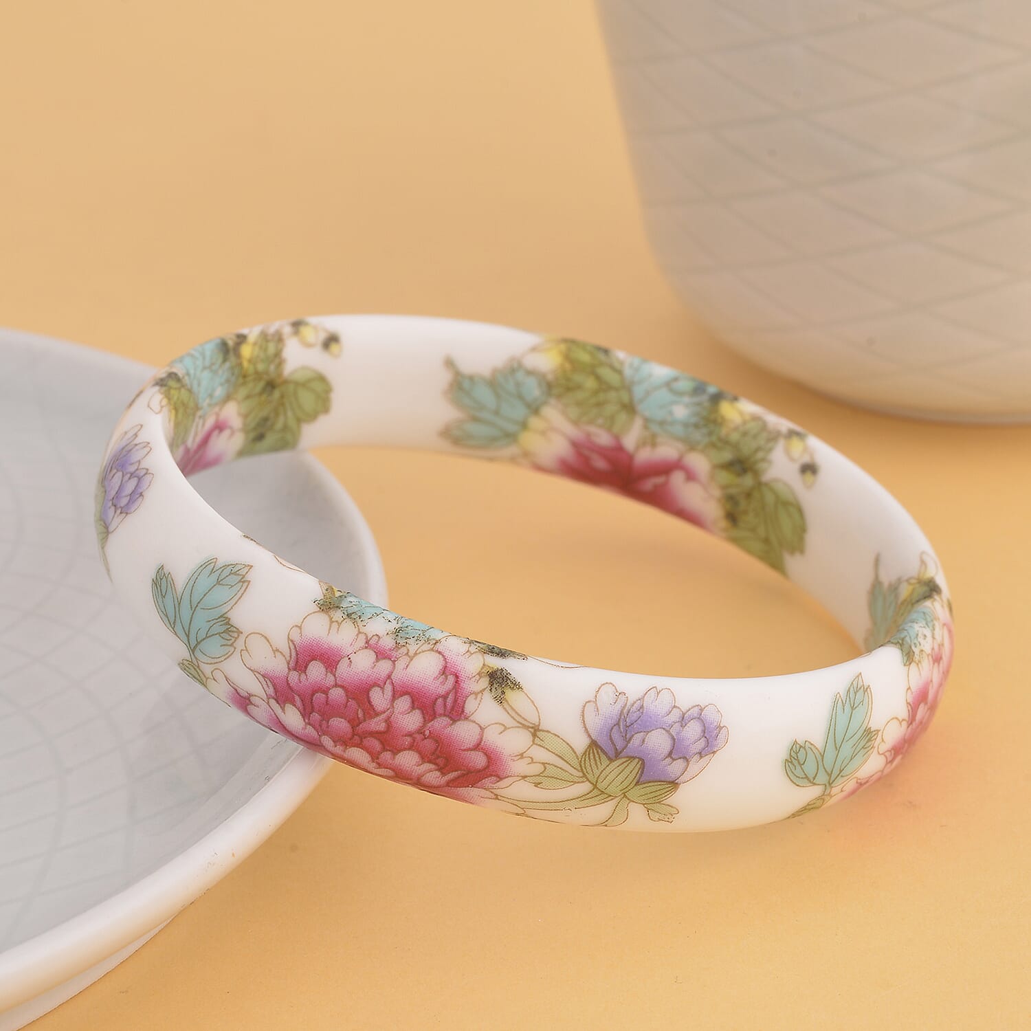 Purple Ceramic Bangle Bracelet, Peony Pattern Bangles, Flower Bangles, Floral Jewelry For Women (8.50 In)