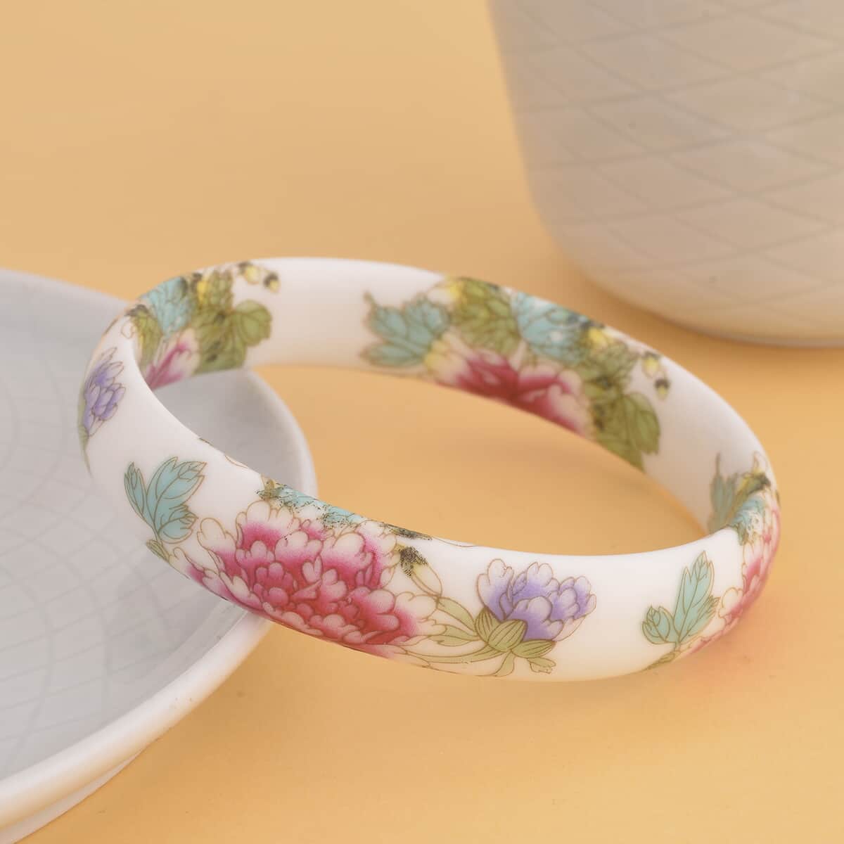 Purple Ceramic Bangle Bracelet, Peony Pattern Bangles, Flower Bangles, Floral Jewelry For Women (8.50 In) image number 1