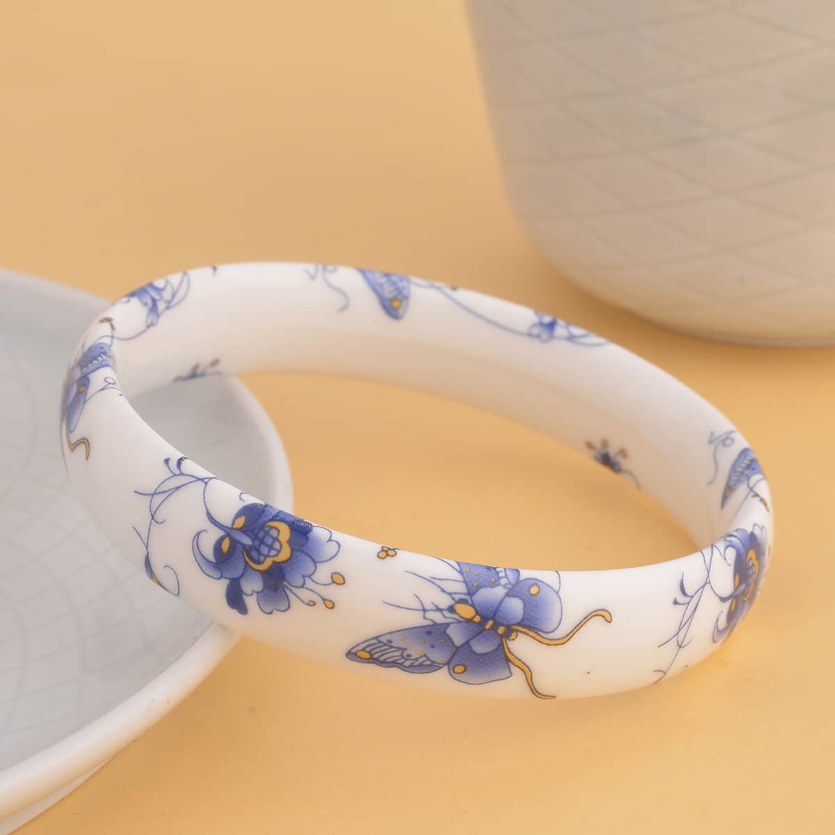 Blue Ceramic Butterfly Pattern Bangle Bracelet (8.50 In) image number 1