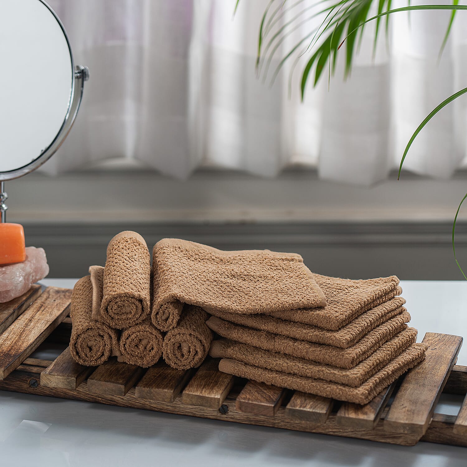 Set of 10 Beige Ring Spun Carded Solid Dobby Face Towels