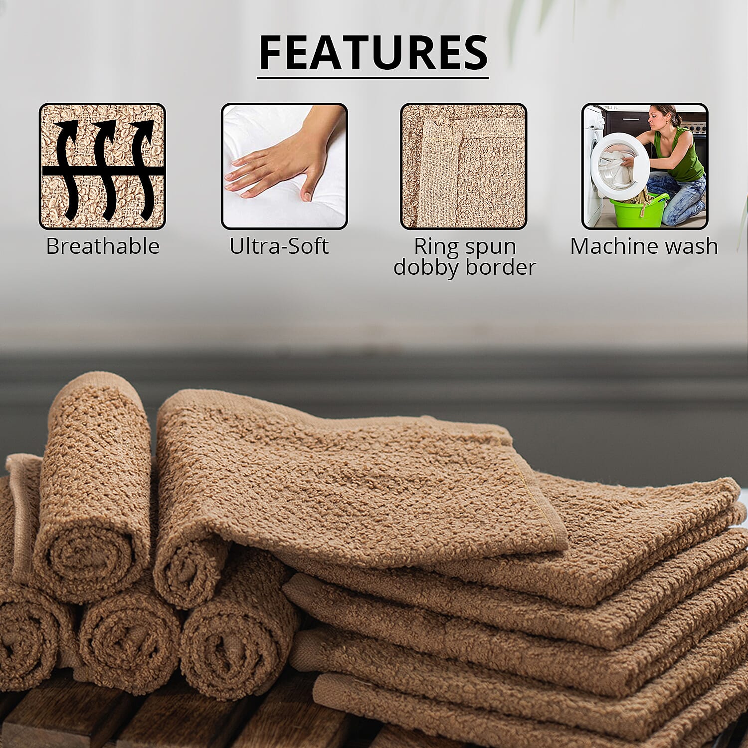 Set of 10 Beige Ring Spun Carded Solid Dobby Face Towels