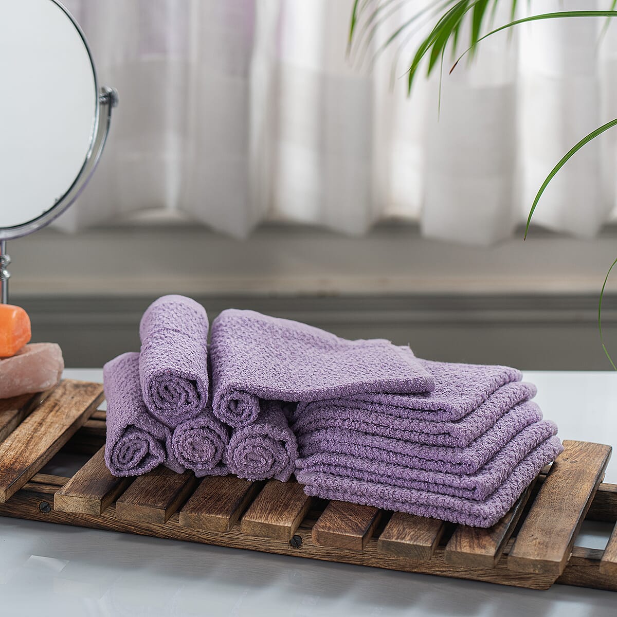 Set of 10 Light Purple Ring Spun Carded Solid Dobby Face Towels image number 1