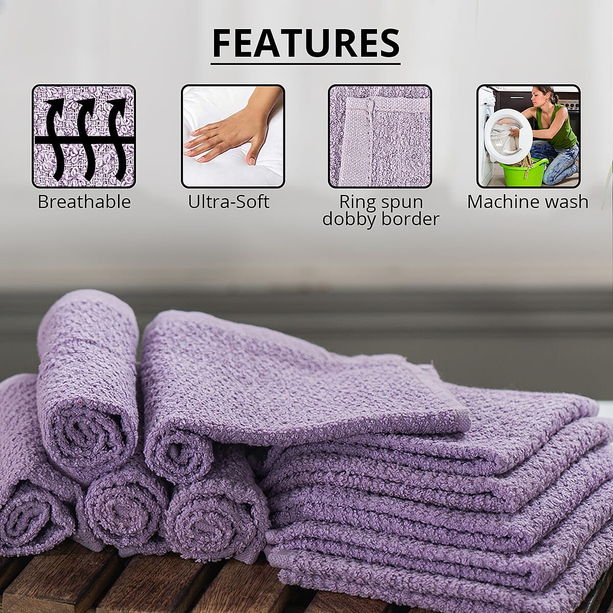 Set of 10 Light Purple Ring Spun Carded Solid Dobby Face Towels image number 2