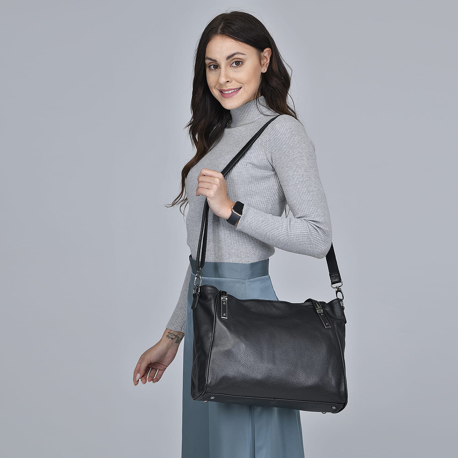 Black Genuine Leather Tote Bag with Handle and Shoulder Straps