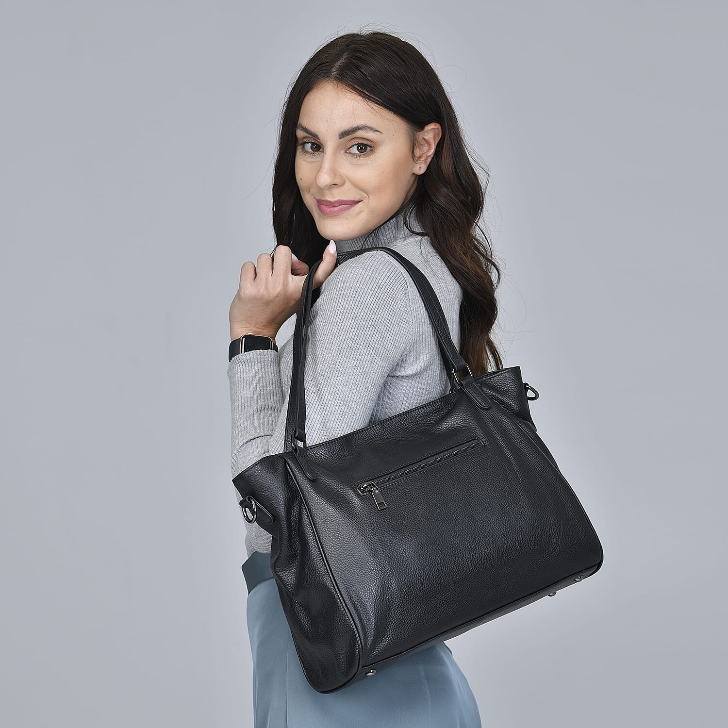 Black Genuine Leather Tote Bag with Handle and Shoulder Straps